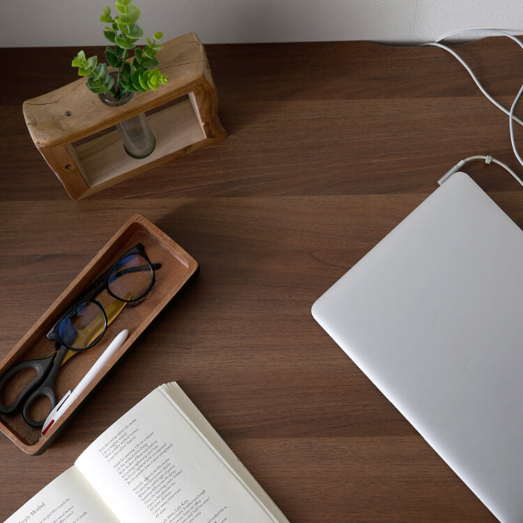 Work desk with power strip storage, flat desk, wood grain, office [width 100]