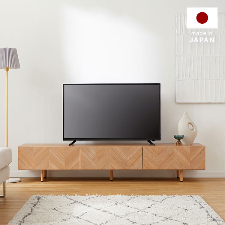 Wooden TV stand, herringbone pattern, made in Japan