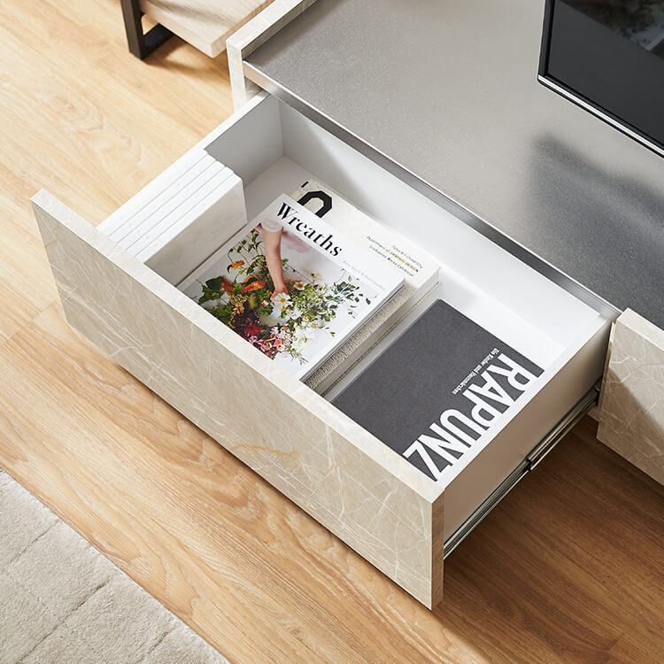Japanese-made low TV stand with storage, steel legs, marble pattern, marble furniture