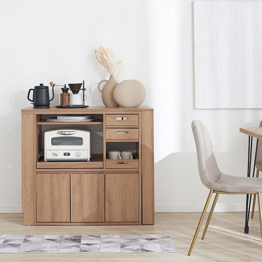 伸縮式キッチンカウンター 食器棚 木目調
