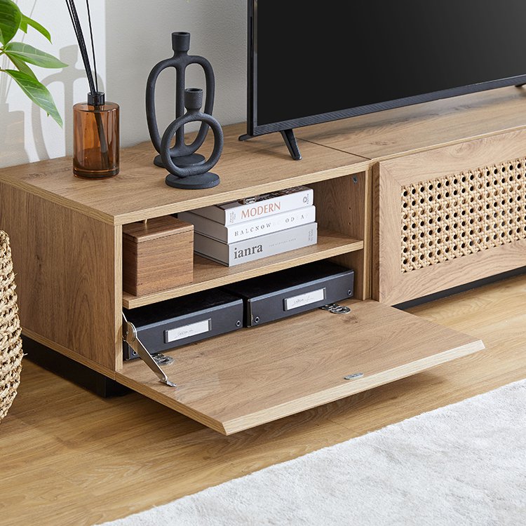 Rattan-style TV stand, wooden, steel legs, rearrangeable, Korean interior