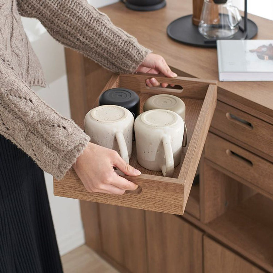 伸縮式キッチンカウンター 食器棚 木目調