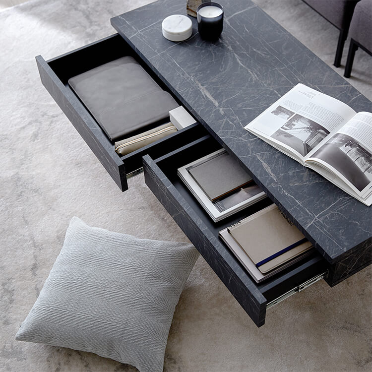 Center table with storage, marble pattern, steel legs