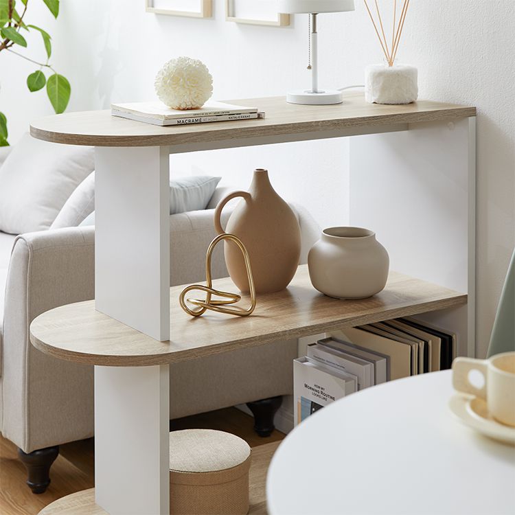 Open shelves, visible storage, partitions, side tables