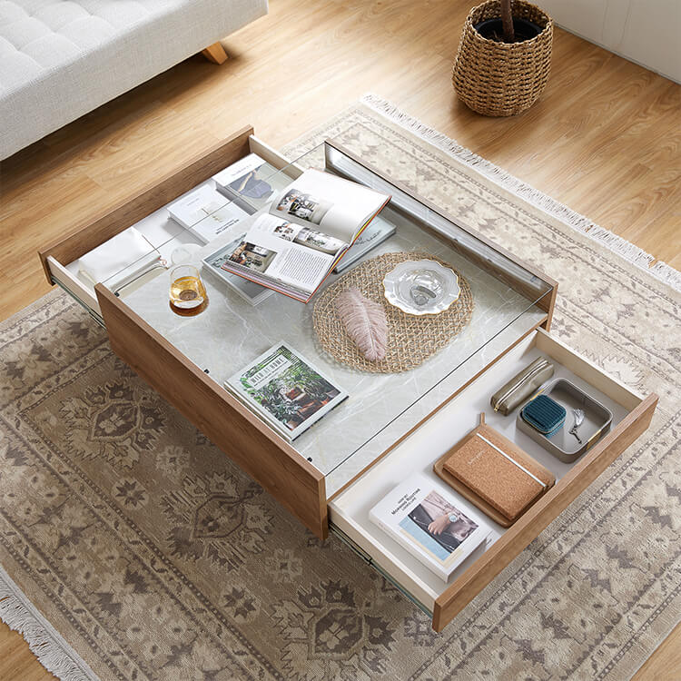 Wooden center table with glass top and stone effect