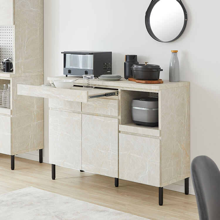 キッチンカウンター キッチンラック 食器棚 大理石柄 キッチンボード キッチン収納 スライド 国産 ストーン風