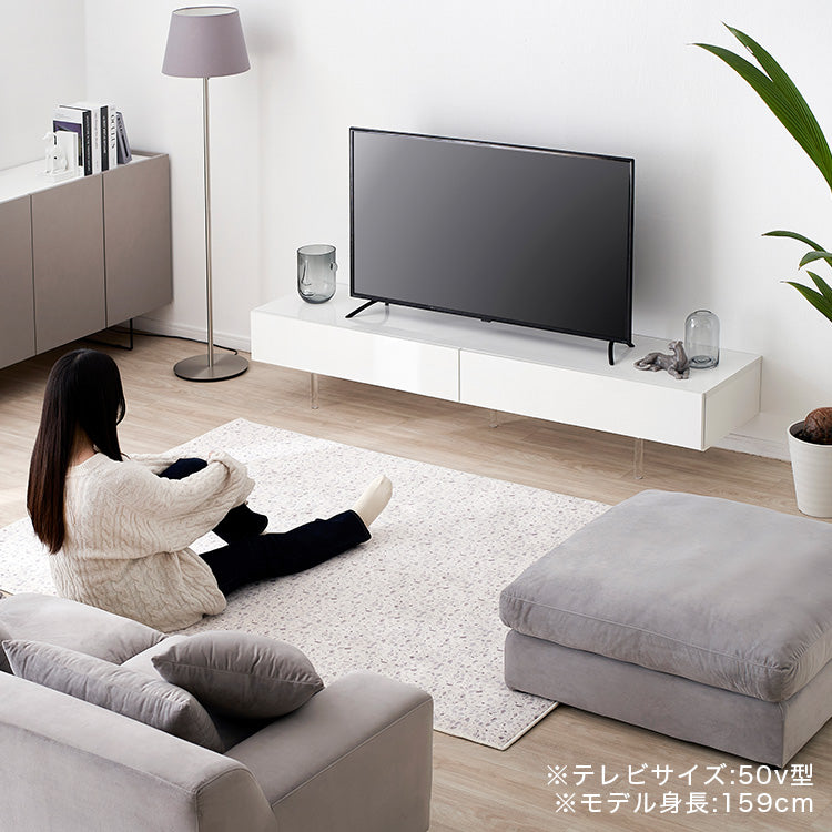 Low TV stand, semi-finished product, clear legs, cord storage, slide storage