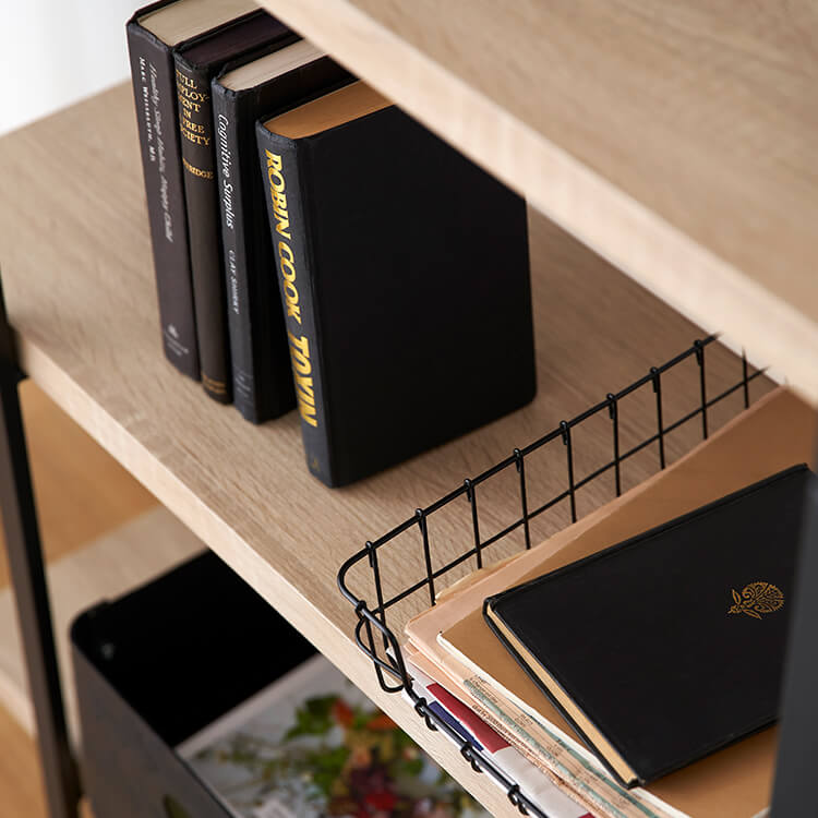 Open shelf, 4 tiers, steel rack, display shelf, visible storage, shelf, rack, wooden