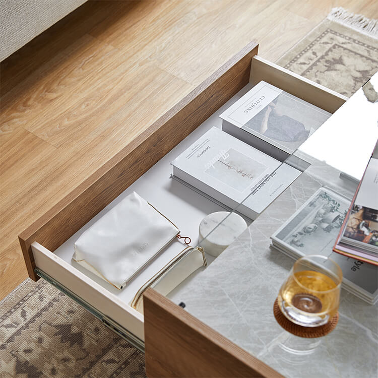 Wooden center table with glass top and stone effect