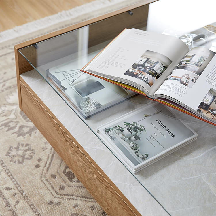 Wooden center table with glass top and stone effect