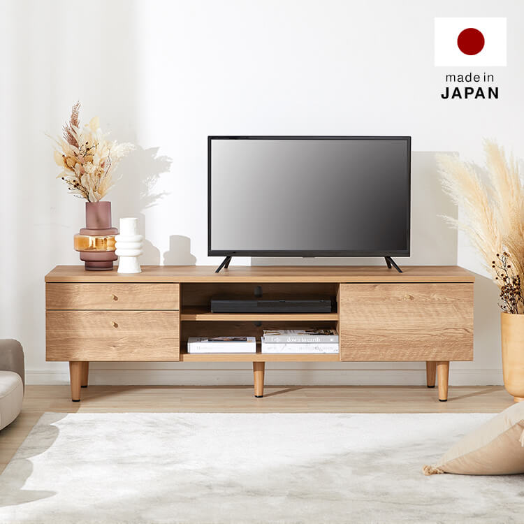 Wood-grain TV stand, brass, wooden legs, made in Japan