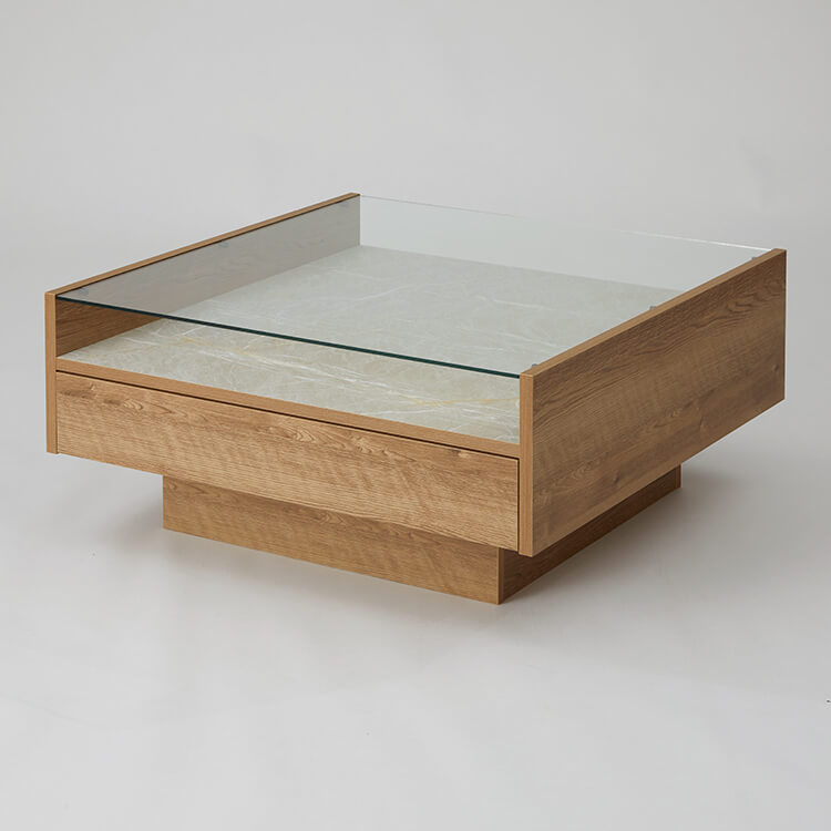 Wooden center table with glass top and stone effect