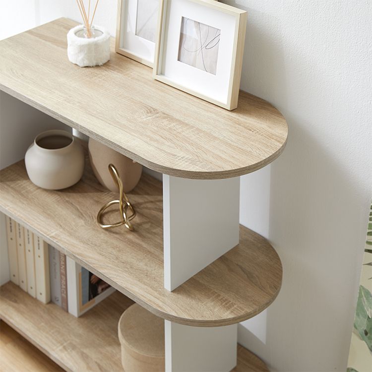 Open shelves, visible storage, partitions, side tables