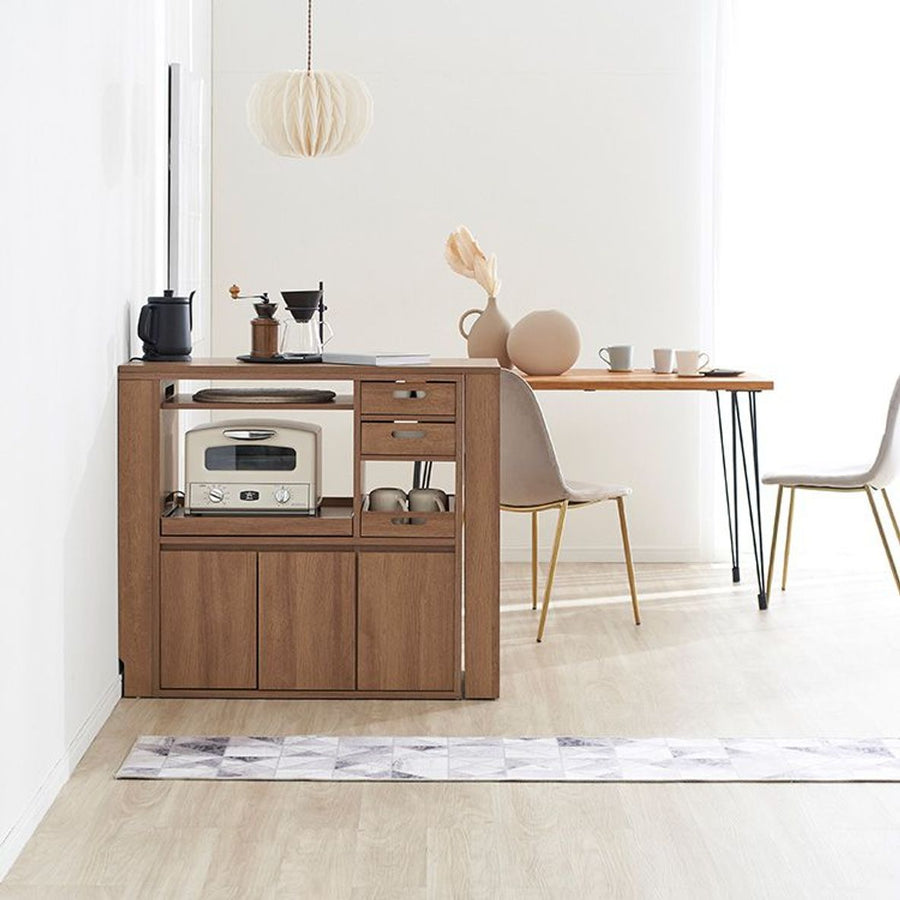 伸縮式キッチンカウンター 食器棚 木目調