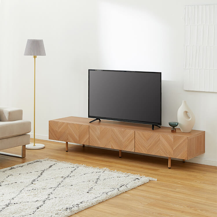 Wooden TV stand, herringbone pattern, made in Japan