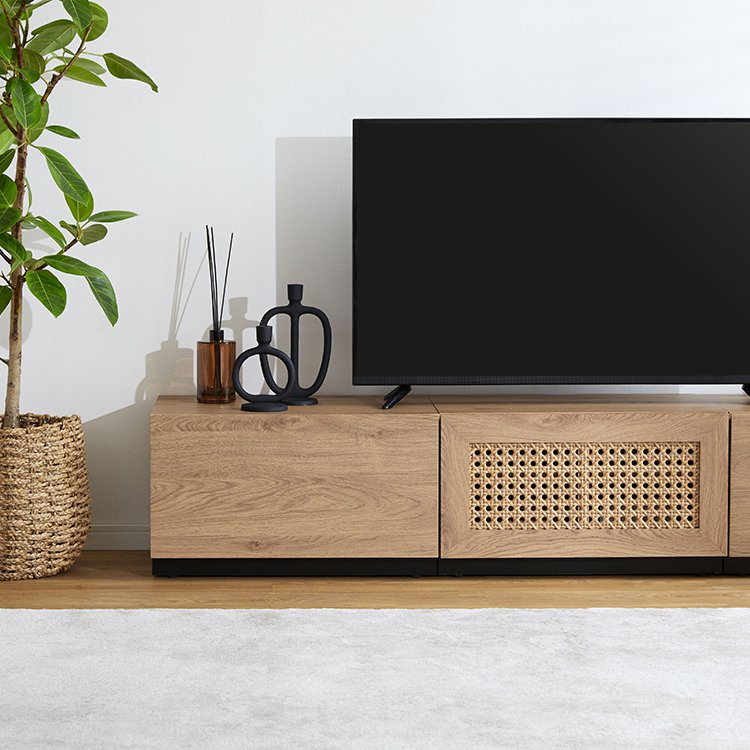 Rattan-style TV stand, wooden, steel legs, rearrangeable, Korean interior