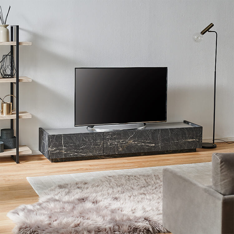 Japanese-made low TV stand with storage, steel legs, marble pattern, marble furniture