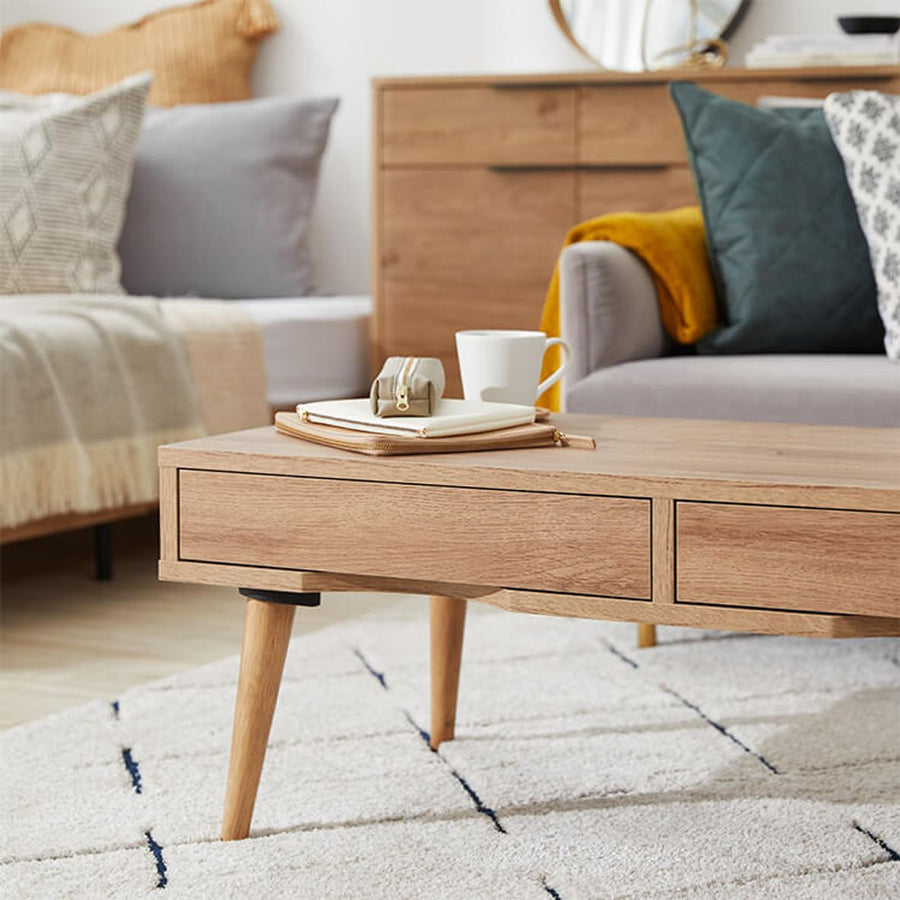 Living room table, low desk, with drawer, with storage, solid wood legs, low table, center table