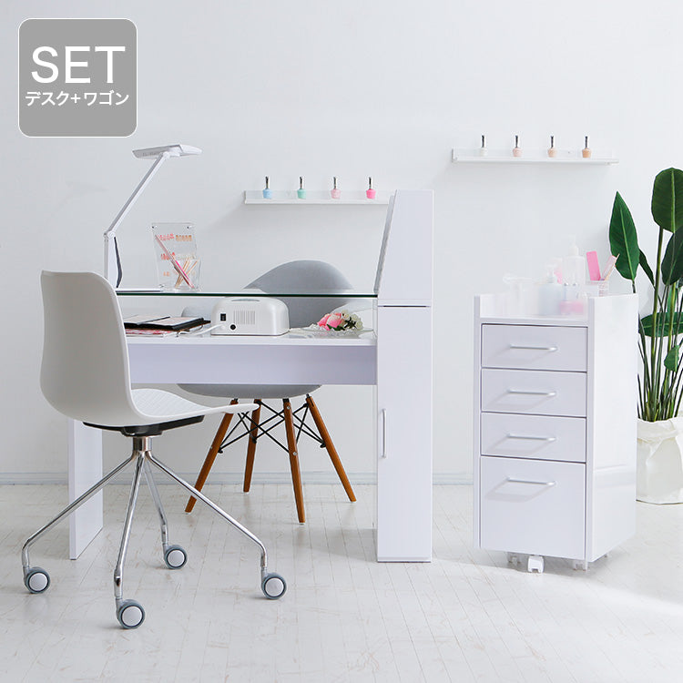 Nail desk with glass shelf, slim, glass top, wagon