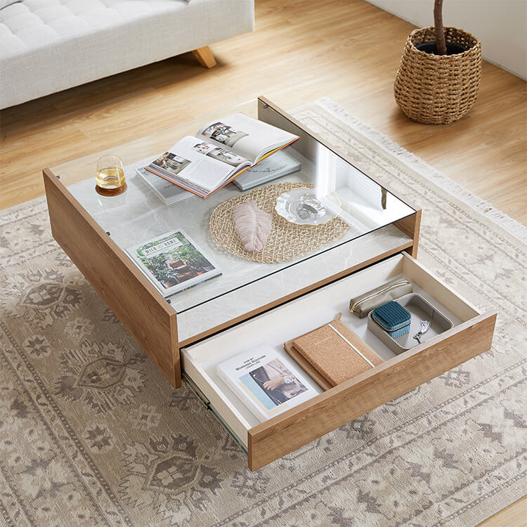 Wooden center table with glass top and stone effect