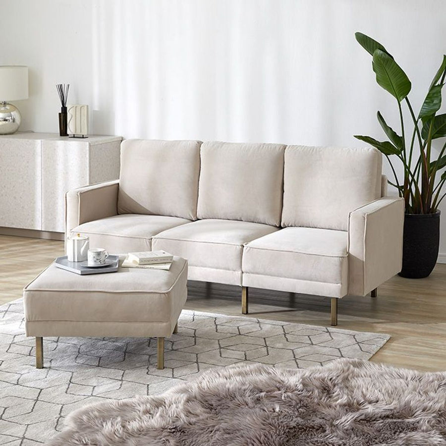 Velvet-like 3-seater couch with steel legs