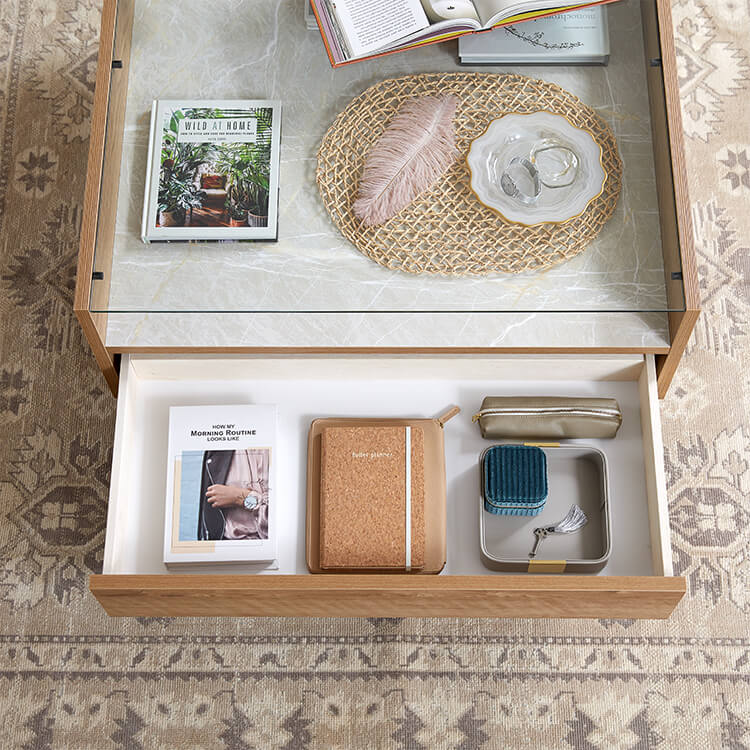 Wooden center table with glass top and stone effect