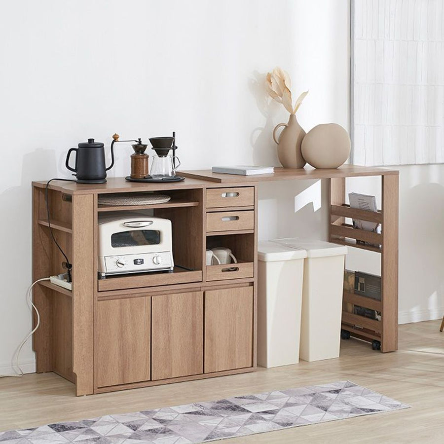 伸縮式キッチンカウンター 食器棚 木目調