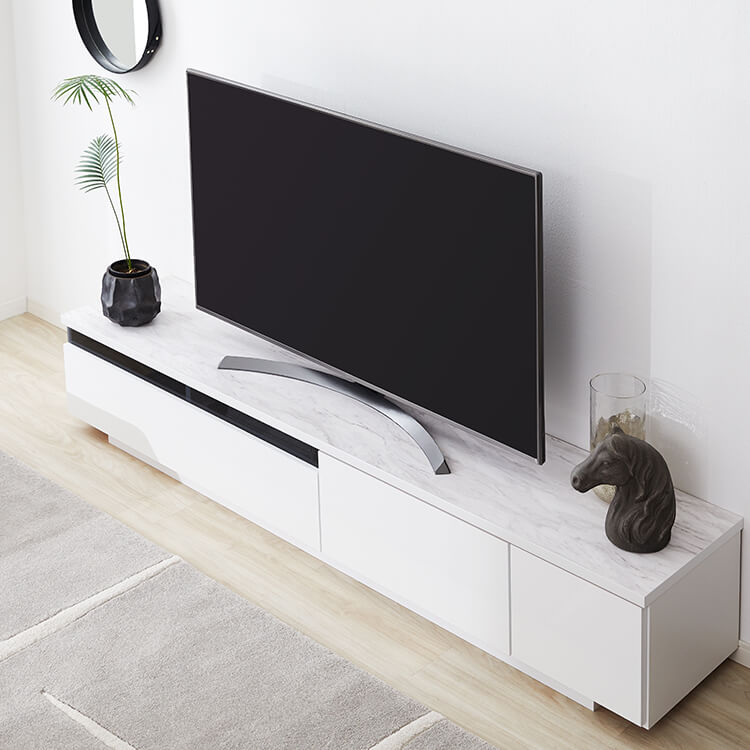 Low TV stand with storage, marble pattern, marble furniture, cord hole, made in Japan, finished product
