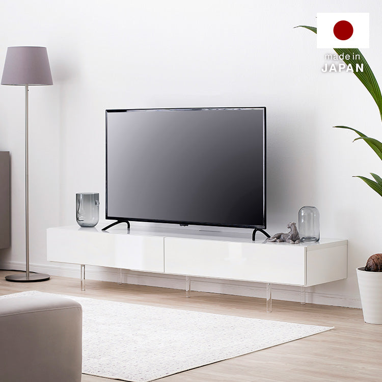 Low TV stand, semi-finished product, clear legs, cord storage, slide storage