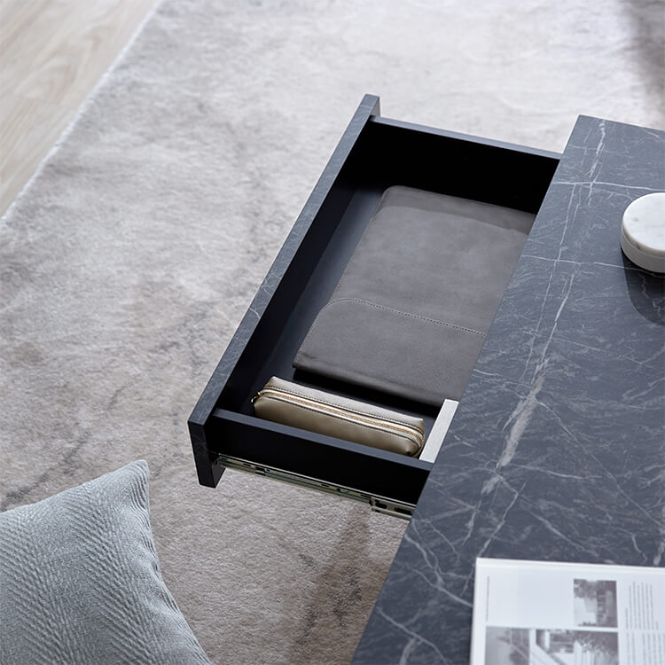 Center table with storage, marble pattern, steel legs