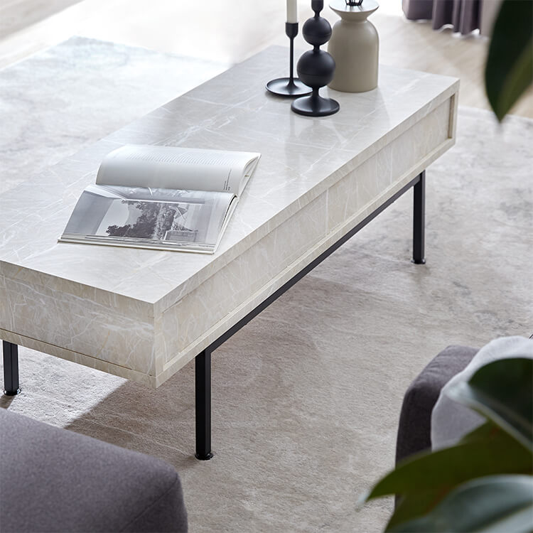 Center table with storage, marble pattern, steel legs