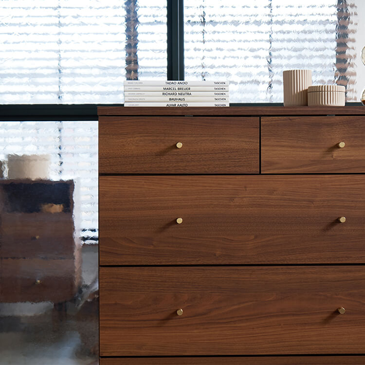 Japanese-made chest of drawers, wood grain, brass, high chest