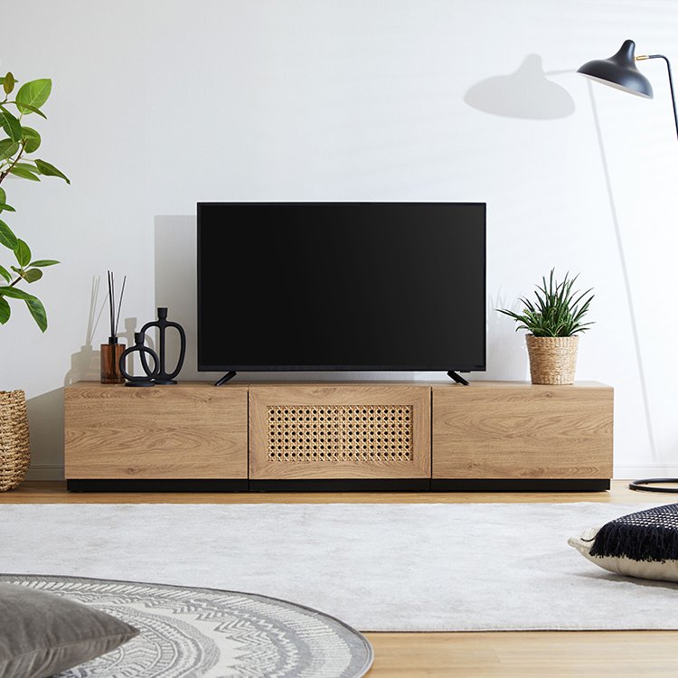 Rattan-style TV stand, wooden, steel legs, rearrangeable, Korean interior