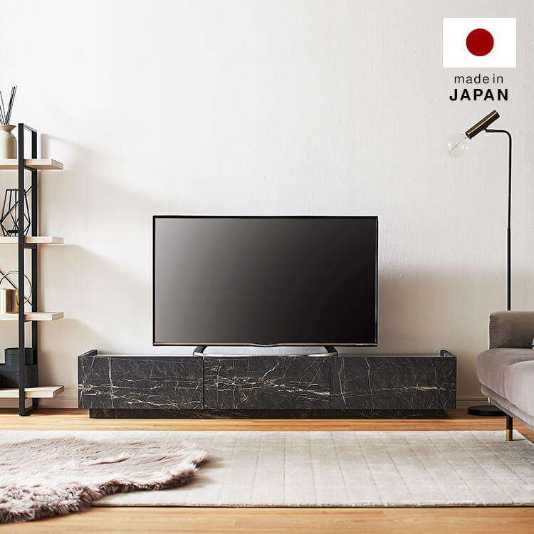 Japanese-made low TV stand with storage, steel legs, marble pattern, marble furniture