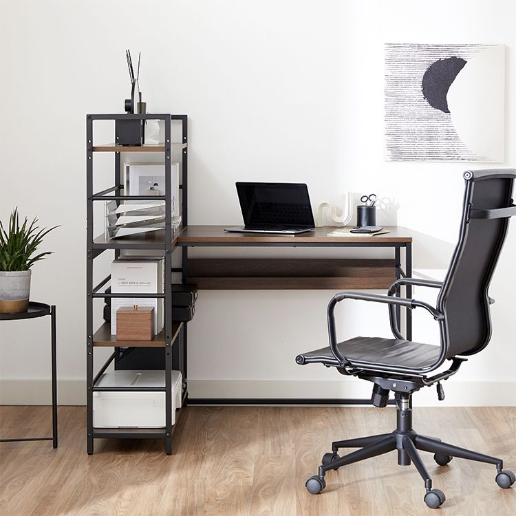 Computer desk with bookshelf and storage, corner desk, wood grain finish