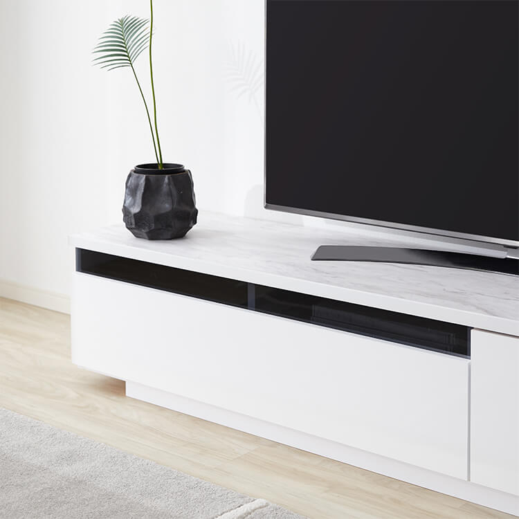 Low TV stand with storage, marble pattern, marble furniture, cord hole, made in Japan, finished product