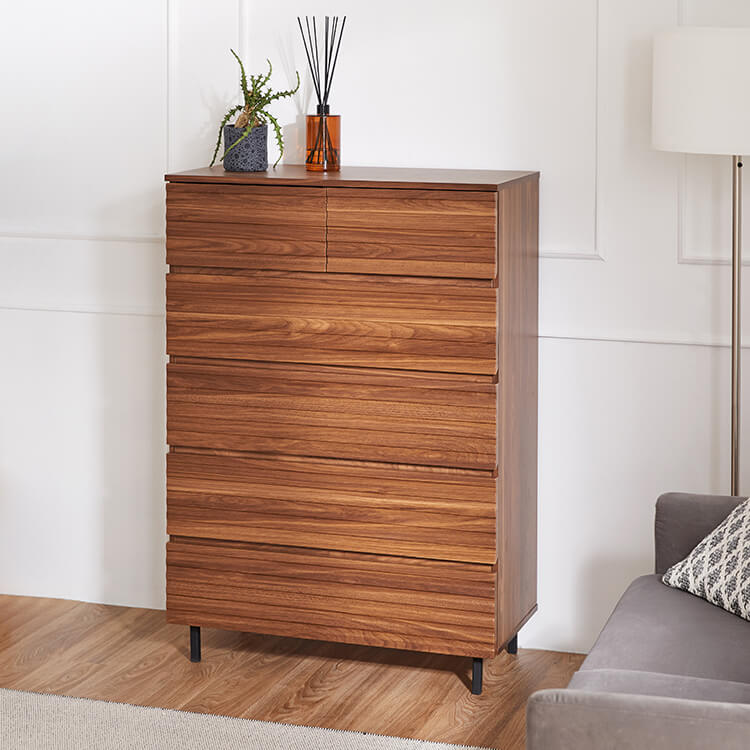 Chest of drawers, dresser, clothes storage, closet, low chest, high chest, wood grain, steel legs