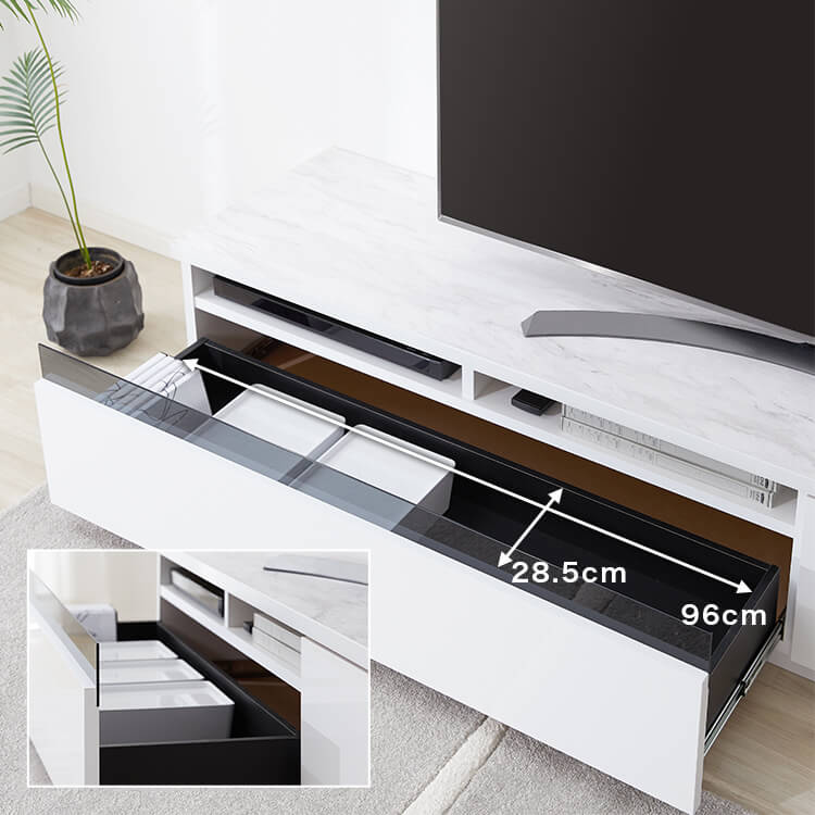 Low TV stand with storage, marble pattern, marble furniture, cord hole, made in Japan, finished product