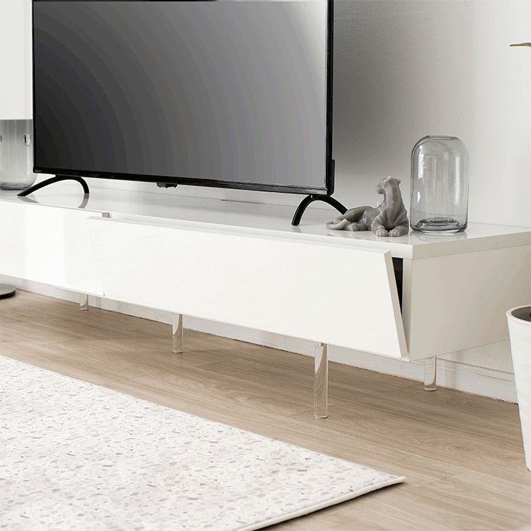 Low TV stand, semi-finished product, clear legs, cord storage, slide storage