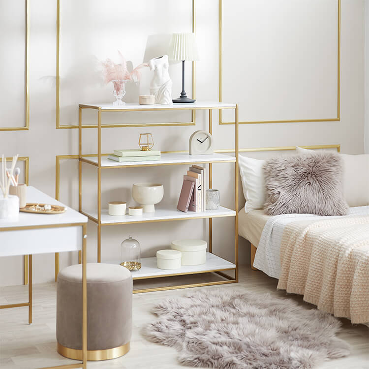 Display rack (4 shelves) with open shelves, gold legs and marble pattern