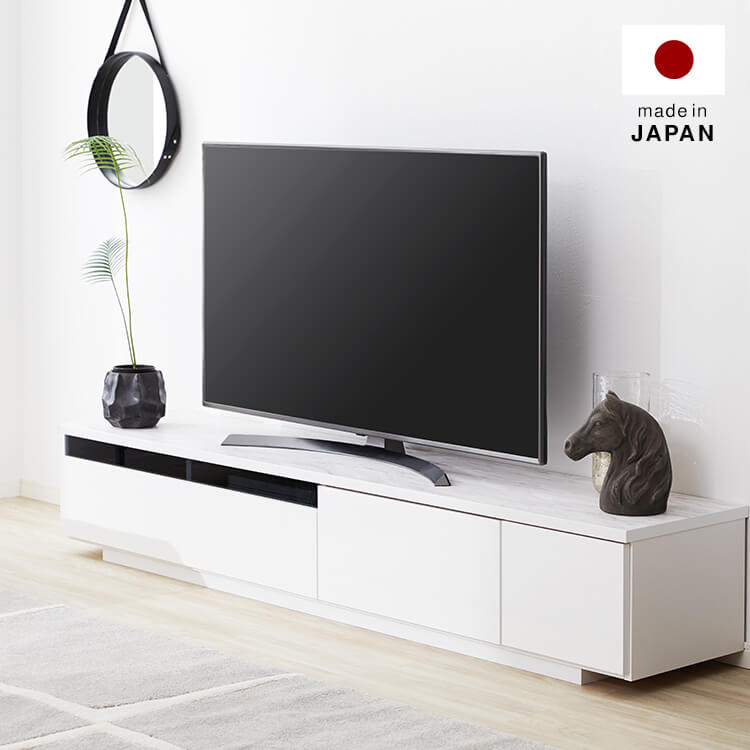 Low TV stand with storage, marble pattern, marble furniture, cord hole, made in Japan, finished product