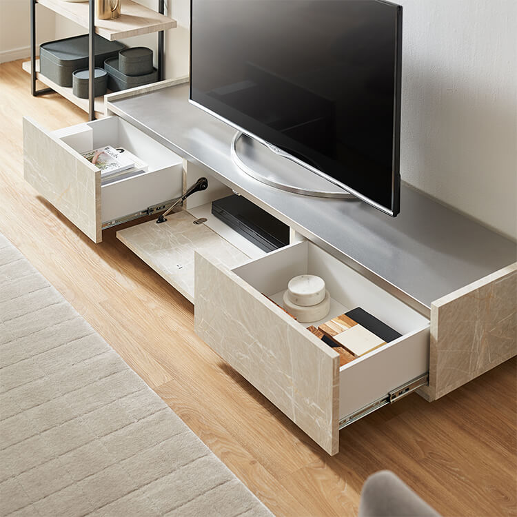 Japanese-made low TV stand with storage, steel legs, marble pattern, marble furniture