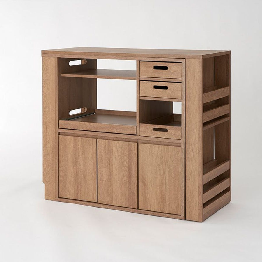 伸縮式キッチンカウンター 食器棚 木目調