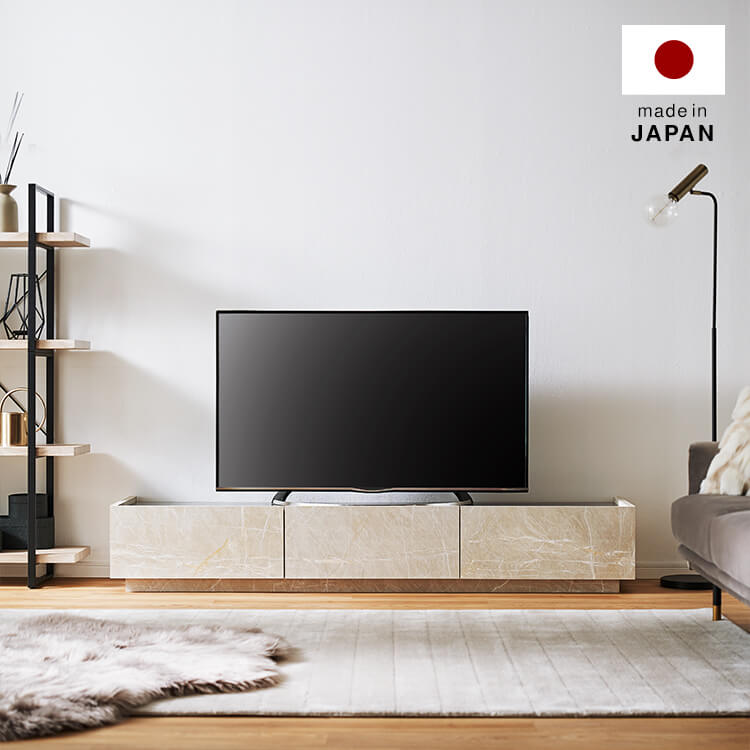 Japanese-made low TV stand with storage, steel legs, marble pattern, marble furniture