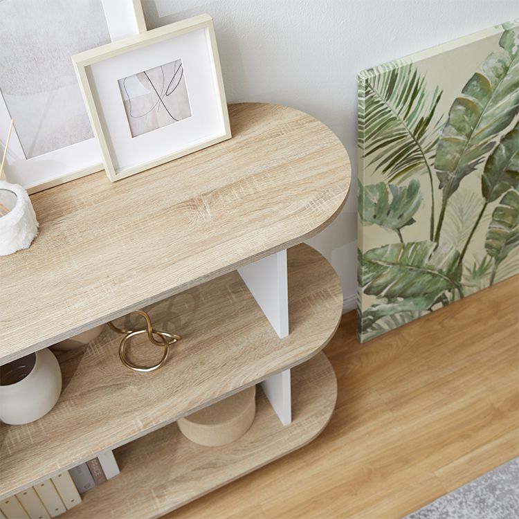 Open shelves, visible storage, partitions, side tables