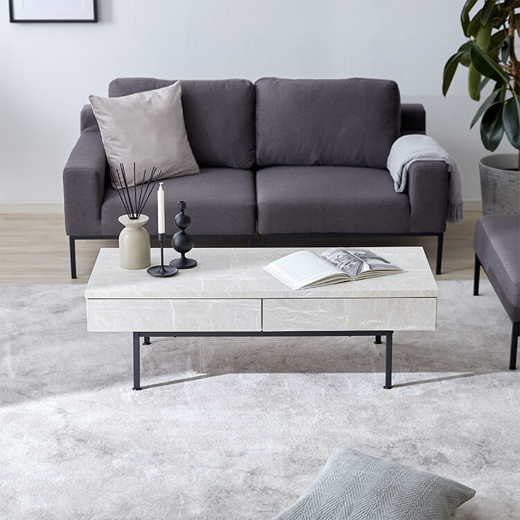 Center table with storage, marble pattern, steel legs