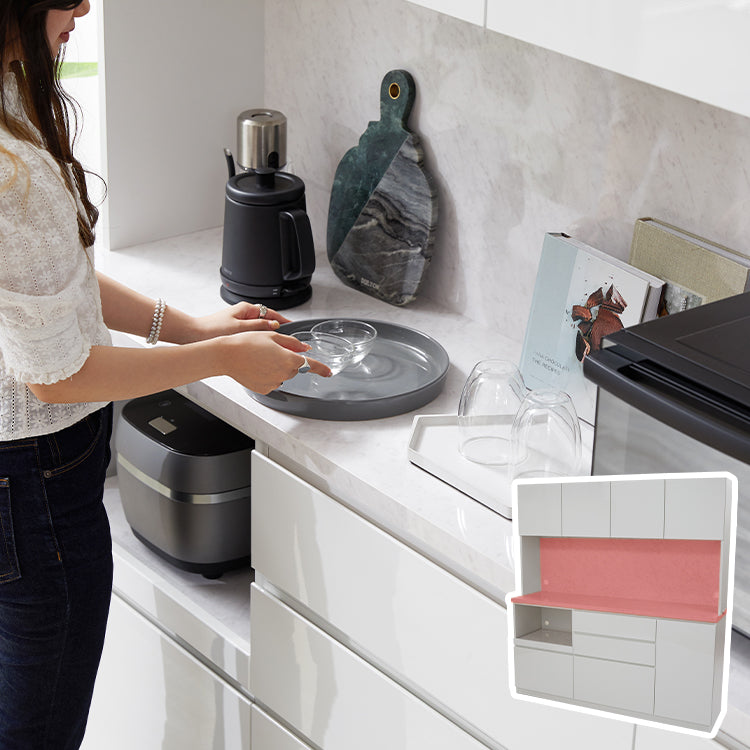 日本製 食器棚 キッチン収納 レンジ台 スライドカウンター付 引き出し 大理石調