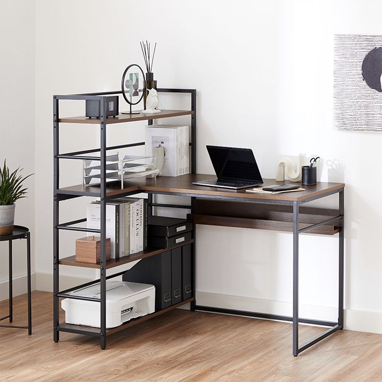 Computer desk with bookshelf and storage, corner desk, wood grain finish