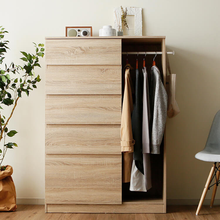 Hanger rack storage with drawers and side hooks, wood grain finish