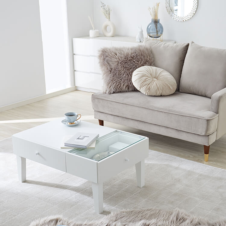 Low table, living room table, center table, glass top, wooden, with drawer